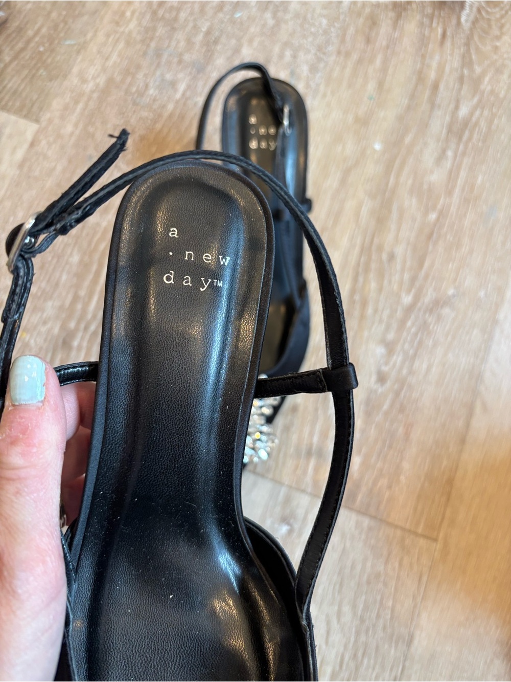 a new day Black Satin Pointed Toe Slingback Mules with Crystal Square Buckle - Picture 3 of 5